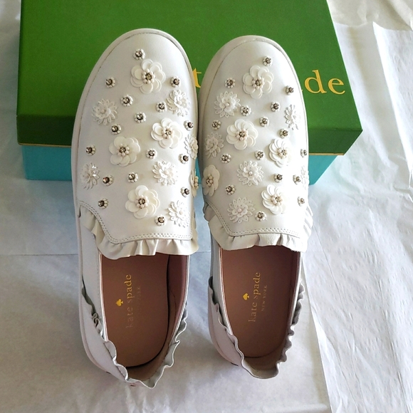 Kate Spade NEW Sneakers Embellished Leather Slip-on  White Women's 9.5 NIB - Picture 10 of 17